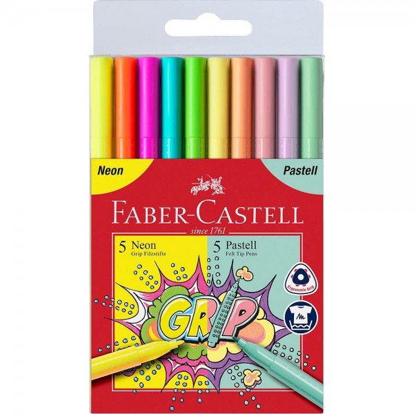 A.W. Faber-Castell Fasermaler Grip Colour 10er Etui Neon + Pastell